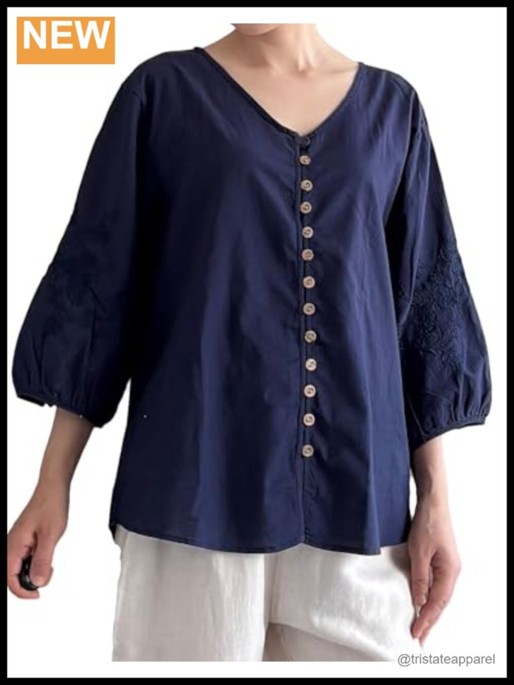 Women's Cotton Linen Button Down Shirt 3/4 Sleeve Embroidered V-Neck Blouse